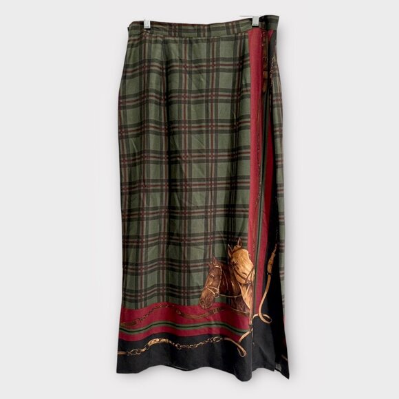 Vintage Maxi Skirt Equestrian Motif on Tartan Plaid Wrap-Style 1990s Sz 12 - Picture 6 of 6